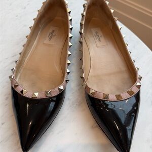 Valentino Garavani Black Patent Pointed Flats with Nude/Pink Trim and Gold Studs